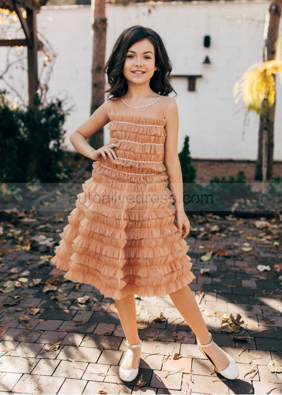 Coffee Tulle Ruffled Layered Flower Girl Dress